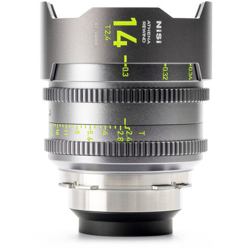 NiSi ATHENA PRIME Rewind 14mm T2.4 cinema lens ARRI PL mount side profile showing geared focus and aperture rings