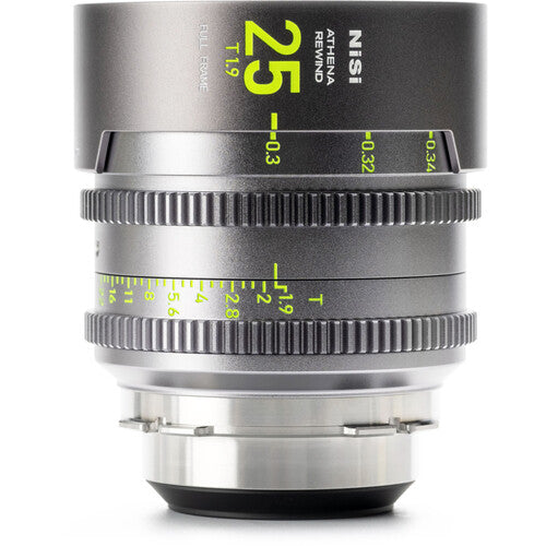 NiSi ATHENA PRIME Rewind 25mm T1.9 cinema lens ARRI PL mount side profile showing geared focus and aperture rings