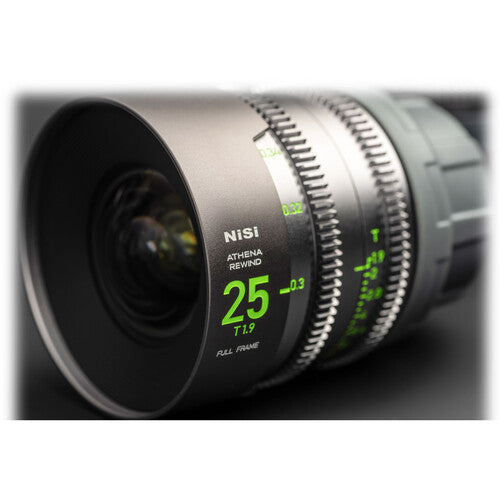 NiSi ATHENA PRIME Rewind 25mm T1.9 cinema lens mounted on camera showing lens barrel markings and front element