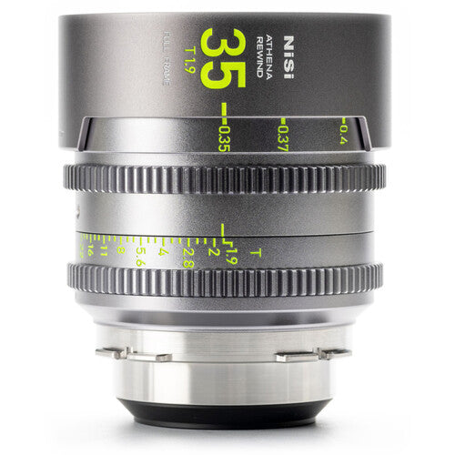 NiSi ATHENA PRIME Rewind 35mm T1.9 cinema lens ARRI PL mount side profile showing geared focus and aperture rings