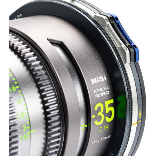 NiSi ATHENA PRIME Rewind 35mm T1.9 cinema lens mounted on camera showing lens barrel markings and PL mount