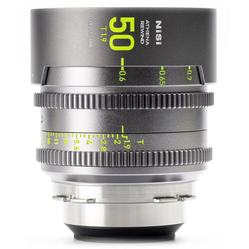 NiSi ATHENA PRIME Rewind 50mm T1.9 cinema lens ARRI PL mount side profile showing geared focus and aperture rings
