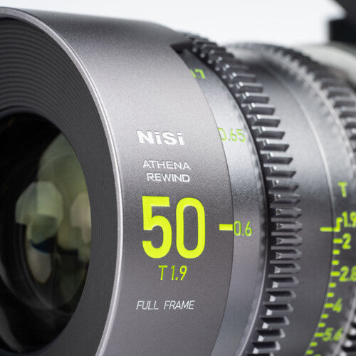 NiSi ATHENA PRIME Rewind 50mm T1.9 cinema lens mounted on camera showing lens barrel markings and focus gear