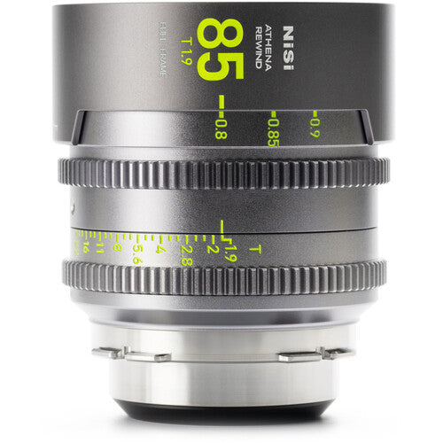 NiSi ATHENA PRIME Rewind 85mm T1.9 cinema lens ARRI PL mount side profile showing focus and aperture gears